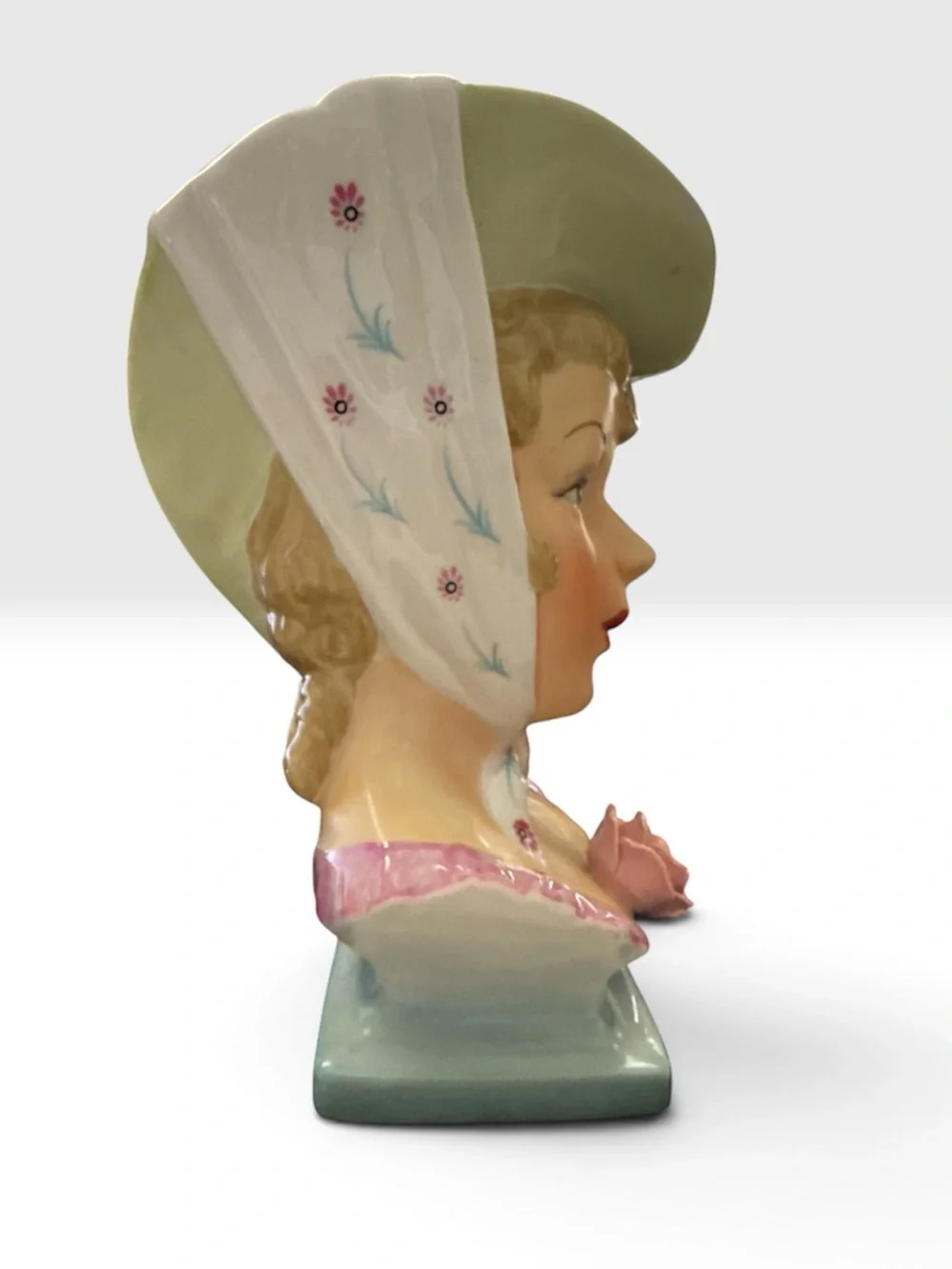 Vintage Ucagco Hand-Painted Lady Head Vase / Planter – Bonnet & Pink Rose